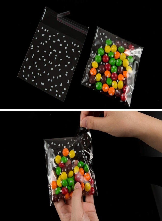 BEFORYOU 200 Clear Treat Bags - DIY Plastic Candy Bags with Self-Adhesive Closure - White Polka Dot (3.94x3.94Inches) - Image 3